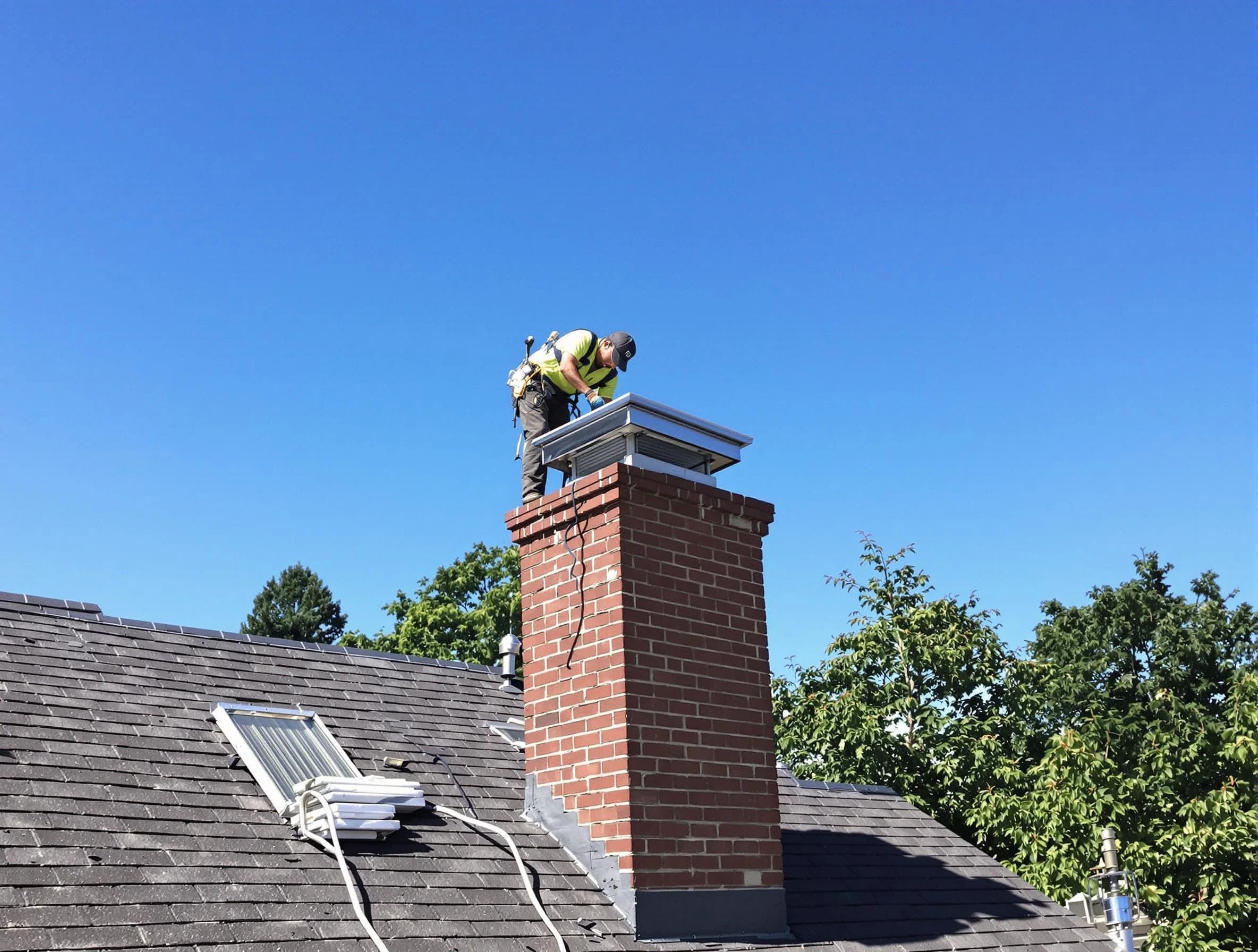 Walpole Chimney Sweep technician measuring a chimney cap in Walpole, MA